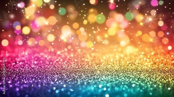 Fototapeta Dazzling party background featuring glowing rainbow glitter and sparkling confetti in motion