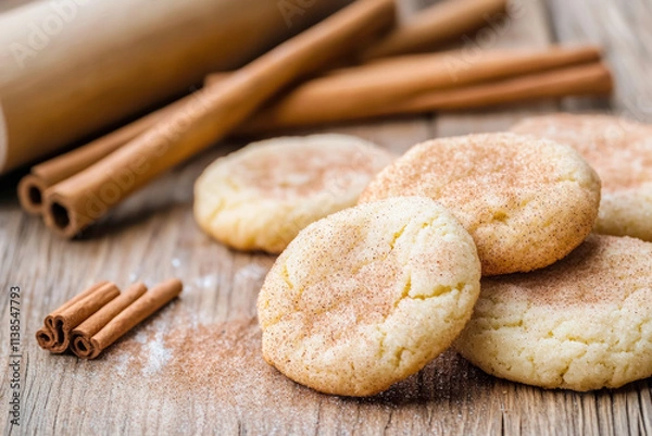 Obraz Freshly baked snickerdoodle cookies on a rustic wooden table capture the cozy warmth of homemade treats with a cinnamon-sugar delight
