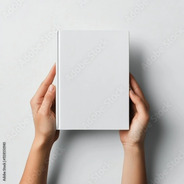 Fototapeta Hands holding a blank book against a plain background in a minimalist setting