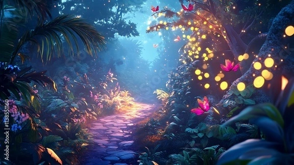 Fototapeta Vibrant forest path with Happy New Year 2025 text glowing in harmony with the greenery and warm evening light