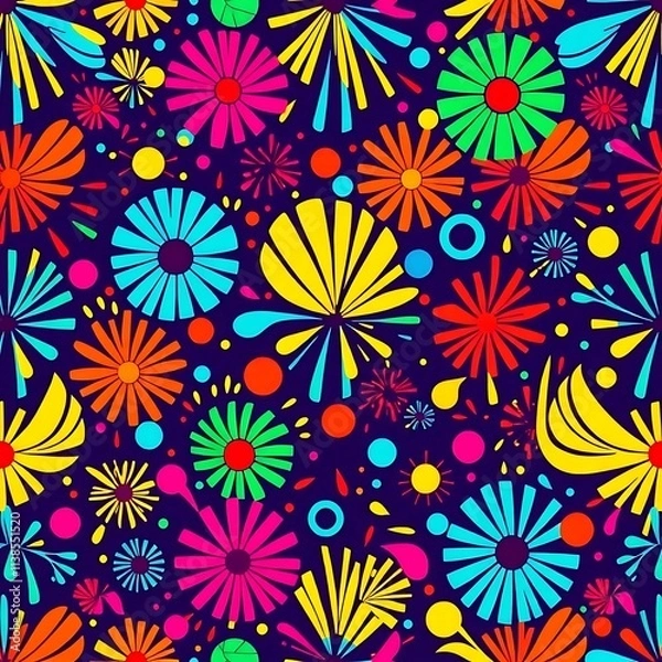 Obraz Fireworks Celebration: A vibrant and dynamic seamless pattern featuring colorful fireworks bursting against a deep purple backdrop. Perfect for adding a festive and energetic touch to your designs.  
