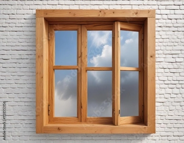 Fototapeta Large wooden window with a natural wood finish and subtle texture isolated on white background, wooden window, minimalist