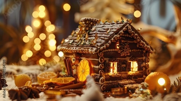 Fototapeta A gingerbread house decorated for Christmas
