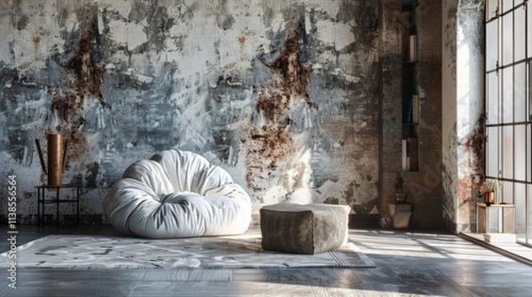 Fototapeta Rustic bedroom with natural light and a cozy white bed