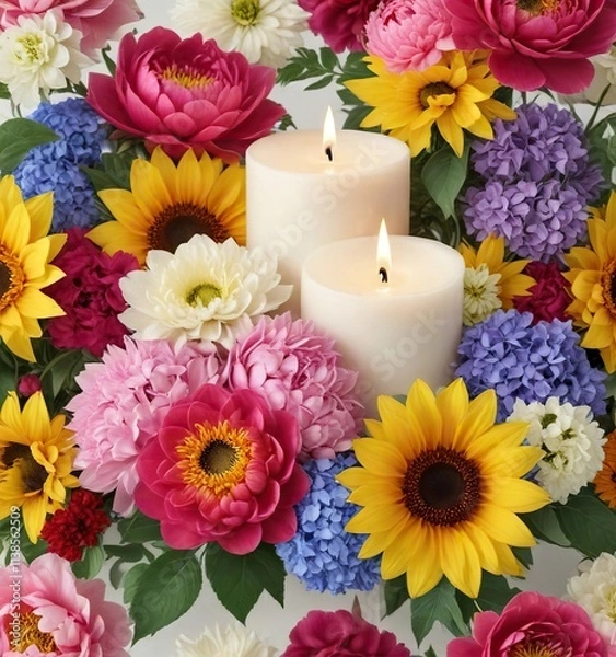 Obraz Exquisite candle arrangement featuring an assortment of colorful flowers, including peonies, hydrangeas, and sunflowers on a pristine white background, fresh cut flowers, sunflower, candle