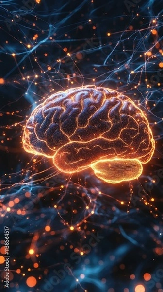 Obraz A glowing brain surrounded by neural connections and particles, symbolizing cognition and neuroscience.