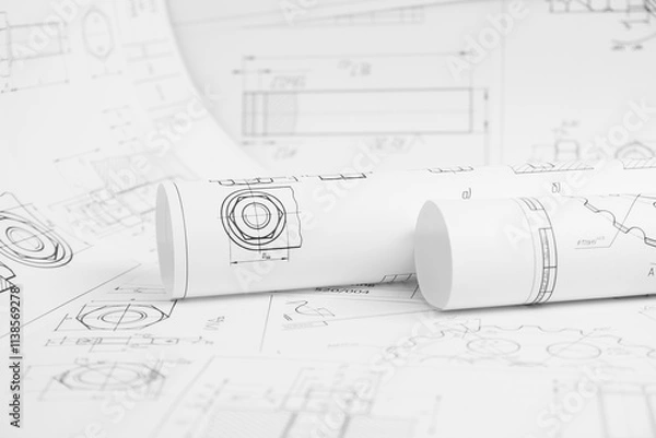 Fototapeta paper engineering drawings of industrial parts and mechanisms