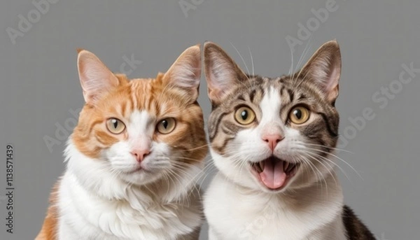 Obraz Portrait of two happy cats looking at camera together isolated on white background, great pet friendliness.
