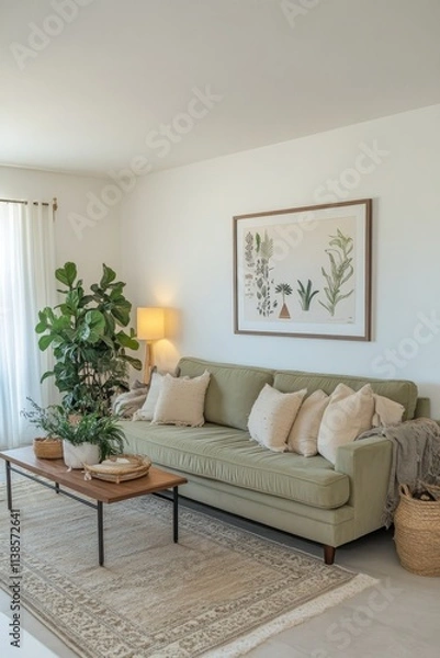 Fototapeta Elegant living room with light green sofa and peaceful decor showcasing minimalistic style