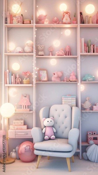 Fototapeta Cartoons scene with bookshelf and toys.