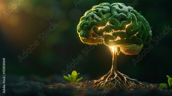 Fototapeta A surreal artistic representation of a brain shaped like a tree, glowing with light, symbolizing growth and creativity against a blurred forest background.