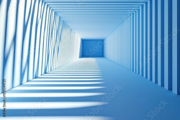 Fototapeta Abstract blue and white corridor with geometric light patterns
