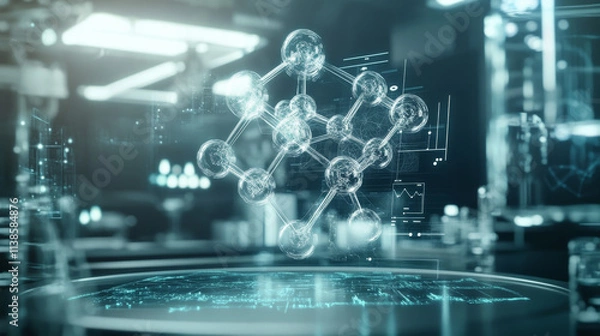Fototapeta A detailed molecular structure floats in a futuristic laboratory, surrounded by holographic diagrams.
