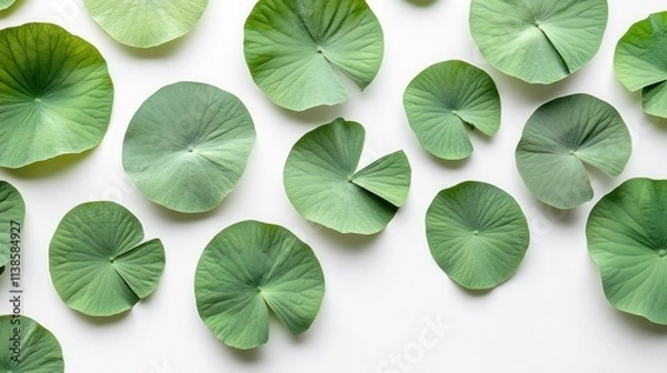 Obraz Flat lay of green lotus leaves on white background.