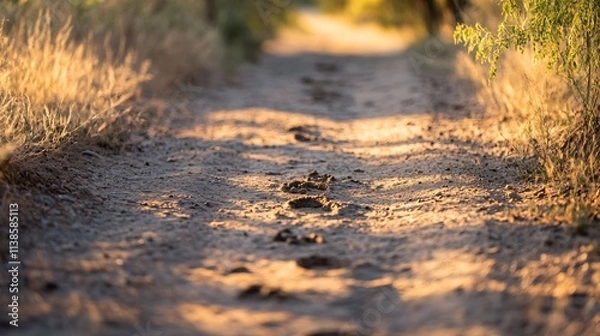 Fototapeta Close up of a dirt trail with footprints and animal tracks visible in the dust