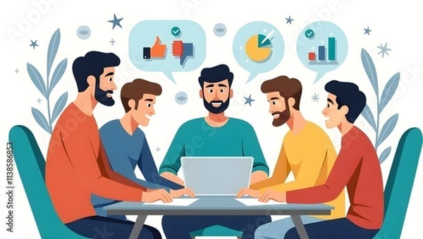 Fototapeta modern flat style illustration of team brainstorming session, business colleagues discussing project strategies at a round table in office	