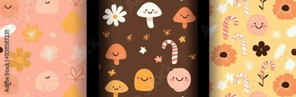 Fototapeta Seamless patterns featuring groovy floral designs, cute mushrooms, and playful candies on colorful backgrounds