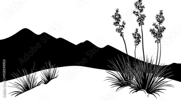Fototapeta Yucca plants on a sandy slope in a desert setting, Vectorized Plant Art