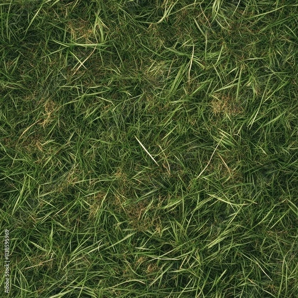 Fototapeta Top view photo of a grassy field with subtle dirt patches, seamless texture