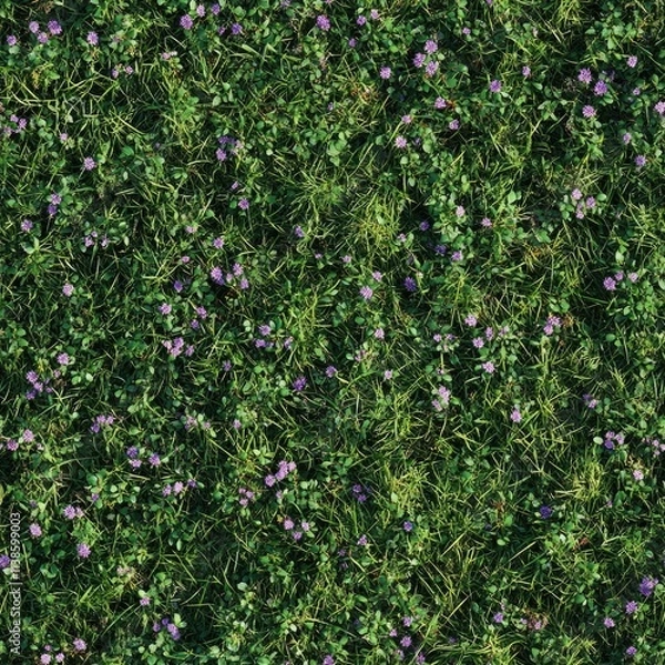 Fototapeta Top view photo of uneven wild grass with tiny purple flowers, seamless texture