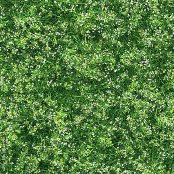 Fototapeta Top view photo of wild grass with tiny white flowers, seamless texture