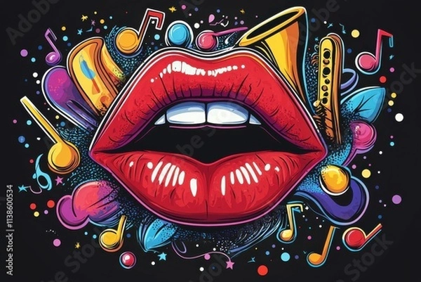 Fototapeta Vibrant sticker art of red lips surrounded by colorful music notes
