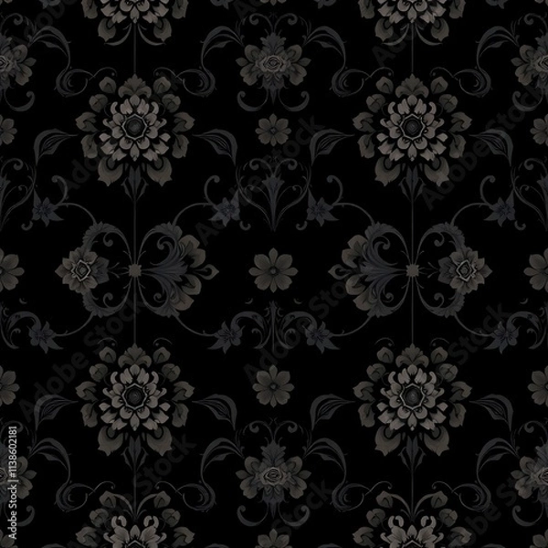 Fototapeta Dark Floral Damask Pattern:  A sophisticated and elegant seamless pattern with a dark background and intricate floral designs.  The repeating motif evokes a sense of vintage charm and timeless beauty.