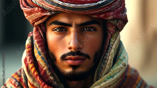 Fototapeta A handsome young Arab prince in kufiya. The Tale of the Magic Lamp.