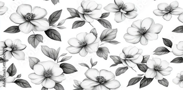 Fototapeta Peonies, illustrated in an authentic Eastern style, feature a loose brushwork approach with ink and watercolor, using a monochromatic palette.