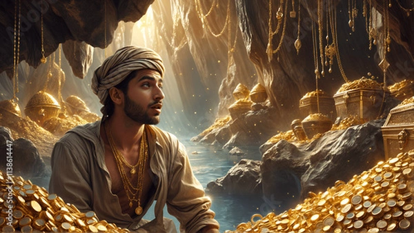 Fototapeta Aladdin in the cave, where there is a lot of gold, the fairy tale is the magic lamp of Aladdin.