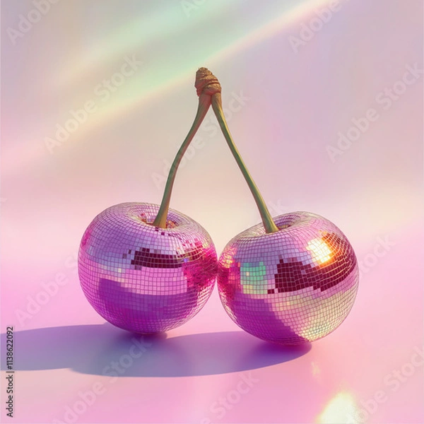 Fototapeta Fruit made from disco ball, pastel background, in the style of hyper-realistic photography