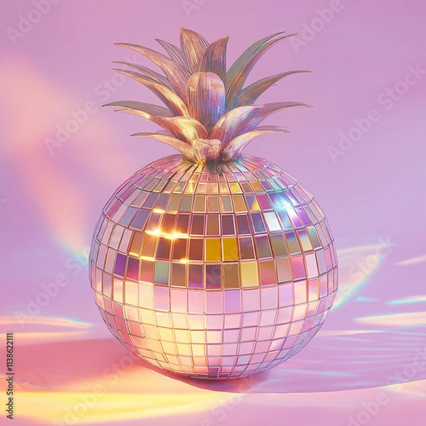 Fototapeta Fruit made from disco ball, pastel background, in the style of hyper-realistic photography