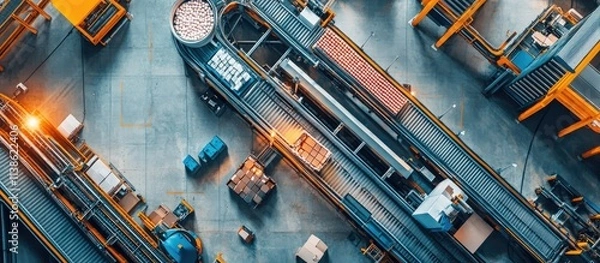 Fototapeta Aerial view of automated factory production line with conveyor belts and robotic arms transporting goods.