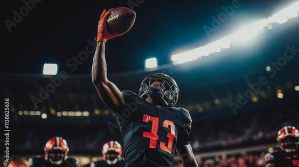 Fototapeta A football player wearing a black jersey with the number 43 on it is holding a f