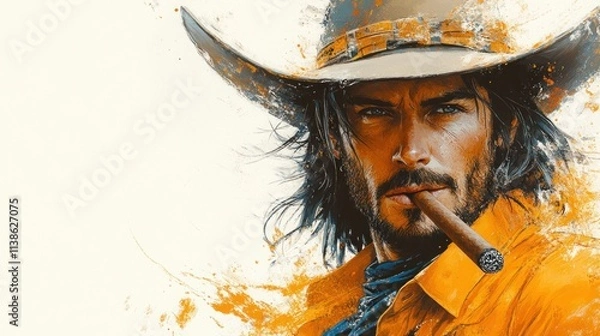 Obraz A rugged man in a cowboy hat, smoking a cigar, with an artistic splash of color.