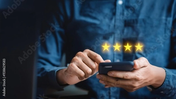 Fototapeta Online customer satisfaction Survey service concept, client rate service from experience in application,Consumer give five-Stars and feedback review for quality, Business reputation ranking from buyer