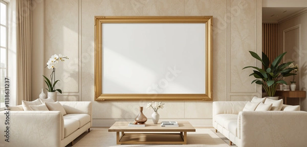 Fototapeta "An empty frame poster mockup in a luxury minimalist living room, with a large golden frame on a textured beige wall. The space features cream-colored sofas, a glass coffee table.