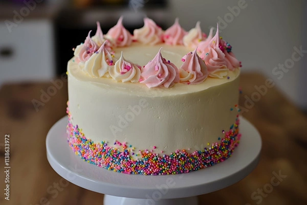 Obraz Funfetti Cake: Vanilla cake with sprinkles baked in, topped with funfetti frosting and additional sprinkles for a playful touch.high quailty image