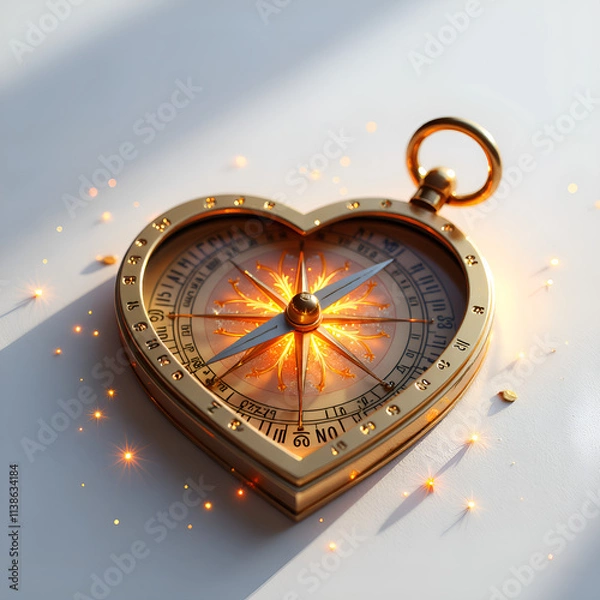 Fototapeta A heart shaped compass radiating light, symbolizing love and guidance in a whimsical setting, 3d rendering of symbolism concept.