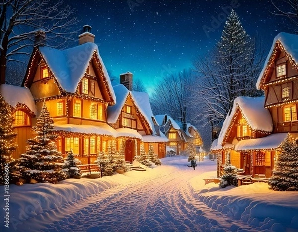 Obraz navideña. nieve, casas iluminadas