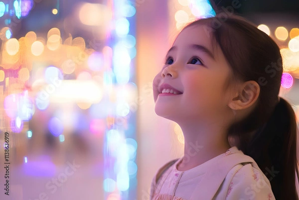 Obraz Child girl smiling looking at shop window Christmas light in shopping centerhigh quailty image