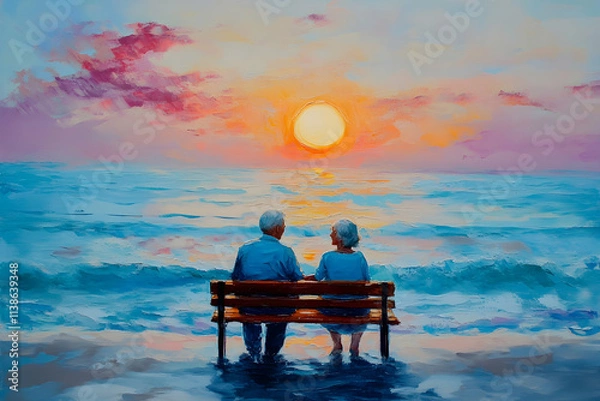 Obraz a painting of a couple sitting on a bench at the beach, old couple enjoying sunset at the beach.illustration