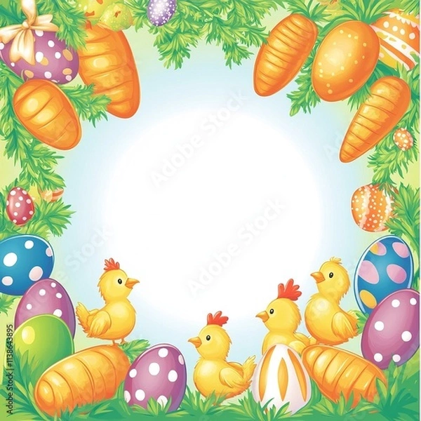 Fototapeta A vibrant Easter-themed vector background featuring colorful eggs, bunnies, and flowers, perfect for festive designs and decorations.

