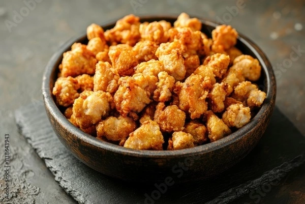 Obraz Chicken Popcorn are small slices of chicken that were coated breading and deep fried closeup in the slate dish on the table. Horizontal 