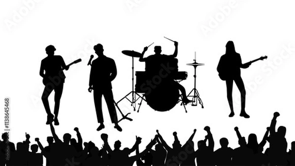 Fototapeta Silhouette of a band on a concert stage and audience.