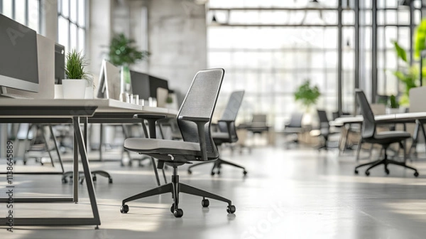 Fototapeta A clean, minimalistic modern office featuring ergonomic chairs, sleek desks, and natural light coming through large windows.  .