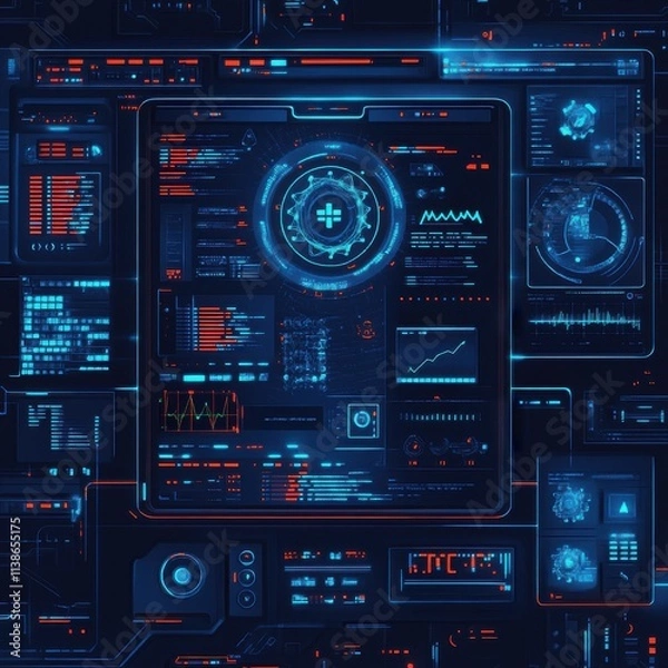Fototapeta Futuristic digital dashboard featuring intricate data analytics and glowing interface elements in blue and red hues.