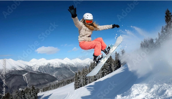 Fototapeta Snowboarde performing tricks jumping through air with deep blue sky in background sporty tourist snowboarding in the sunny day performs trick flying off 