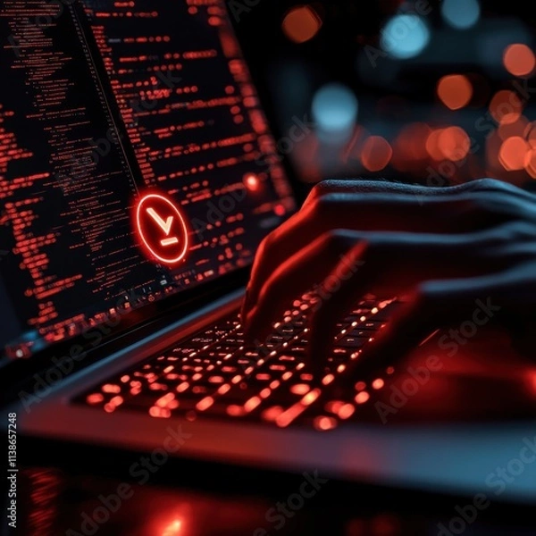 Fototapeta Close-up of a male's hand typing on a laptop in a dark environment, illuminated by red lights showcasing code on the screen.