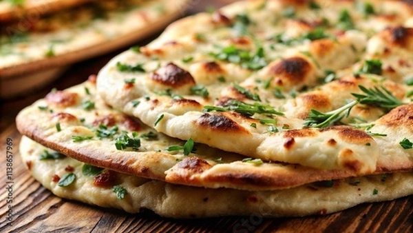 Fototapeta Rustic flatbread with fresh herbs and a golden, crispy crust.